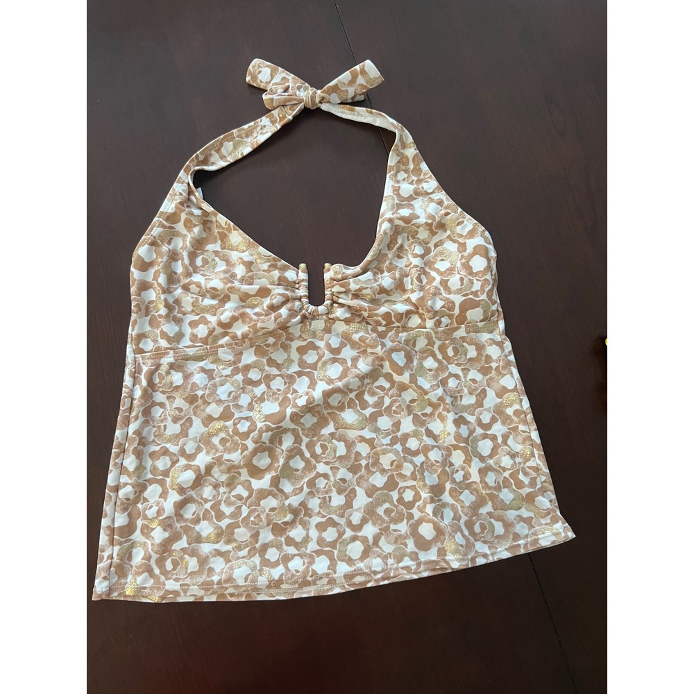 Daisy Fuentes Moda Tankini Top Tan Gold Floral Leopard Halter Swimwear Womens 14